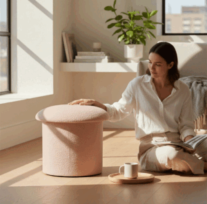 Mushroom Pouffe (Pink boucle fabric)