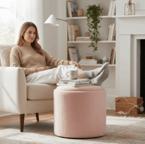 Round Pouffe (Pink boucle fabric)