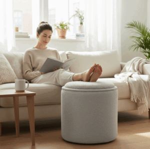 Round Pouffe (Grey boucle fabric)