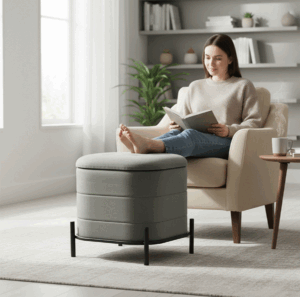 Square Pouffe With Metal Frame (Grey suede fabric)