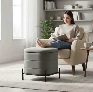 Square Pouffe With Metal Frame (Grey suede fabric)