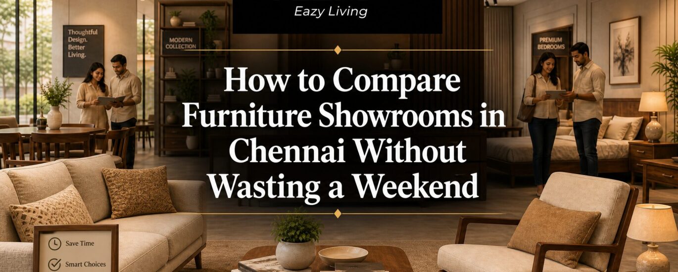 Interior of a furniture showroom in Anna Nagar, Chennai, showing multiple sofa arrangements and display pieces in a well-lit space