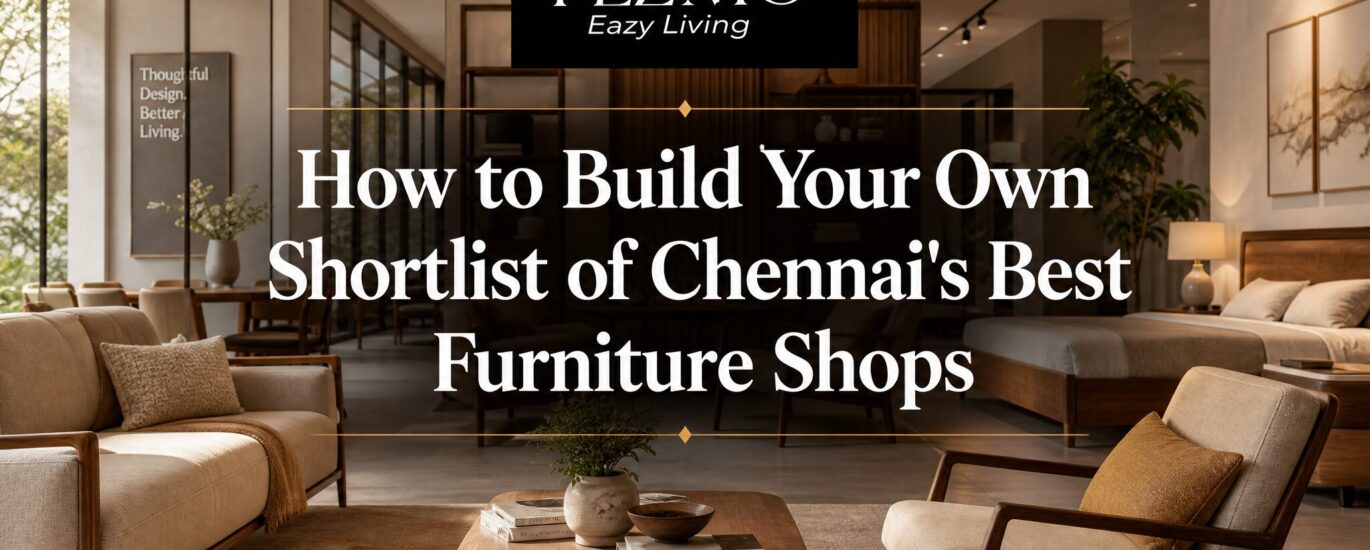 Homeowner comparing furniture options in Chennai showroom while reviewing prices, materials, warranties, and quality to shortlist the best furniture stores.