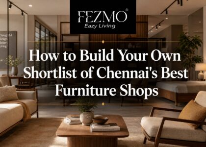 Homeowner comparing furniture options in Chennai showroom while reviewing prices, materials, warranties, and quality to shortlist the best furniture stores.