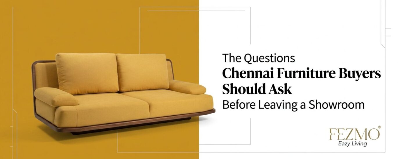The Questions Chennai Furniture Buyers Should Ask Before Leaving a Showroom while inspecting sofa quality, materials, and workmanship inside a furniture showroom