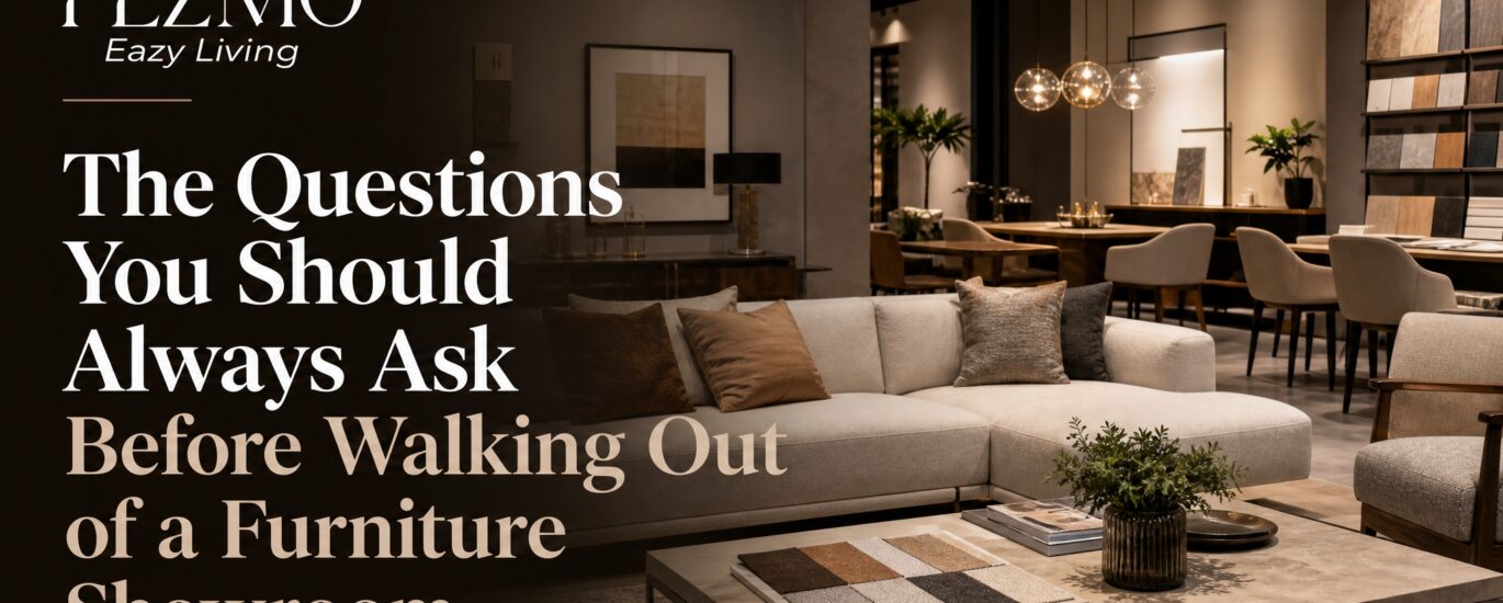 Customer speaking with a furniture consultant in a Chennai showroom while evaluating sofa materials, fabric samples, and furniture specifications before purchase