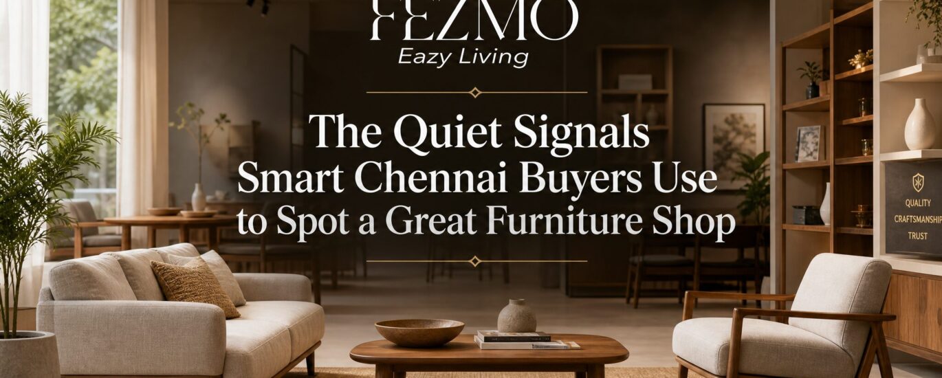 Customer evaluating furniture quality in a Chennai showroom by checking sofa materials, craftsmanship, warranty details, and display condition before making a purchase.