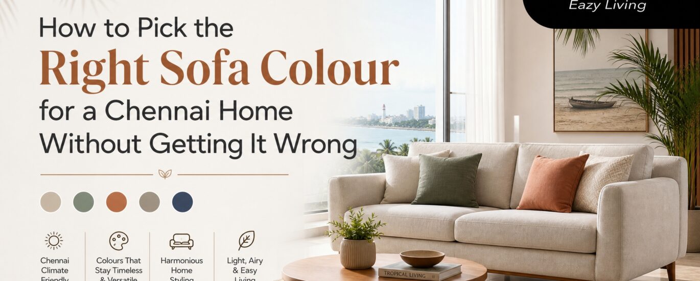 Modern Chennai living room featuring sofas in different colour options with coordinated wall colours, natural lighting, and contemporary interior design