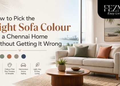 Modern Chennai living room featuring sofas in different colour options with coordinated wall colours, natural lighting, and contemporary interior design