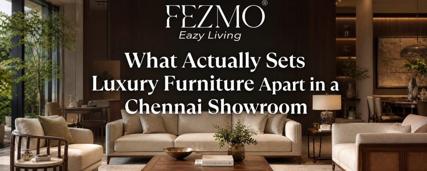 Luxury furniture showroom in Chennai featuring premium solid wood furniture, designer sofas, elegant dining sets, and customers examining craftsmanship, materials, and comfort details.