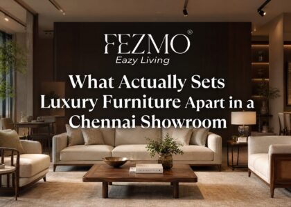 Luxury furniture showroom in Chennai featuring premium solid wood furniture, designer sofas, elegant dining sets, and customers examining craftsmanship, materials, and comfort details.