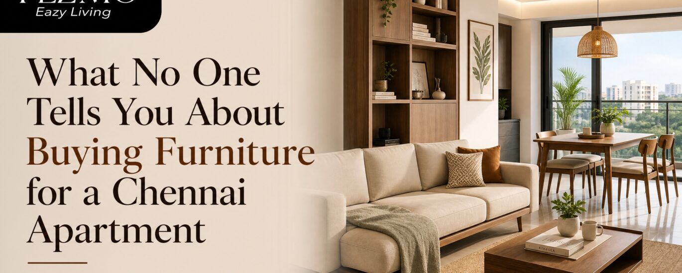 Modern Chennai apartment living room with carefully selected sofa, dining table, and space-saving furniture designed for apartment living
