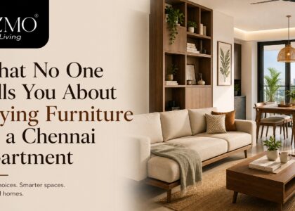 Modern Chennai apartment living room with carefully selected sofa, dining table, and space-saving furniture designed for apartment living