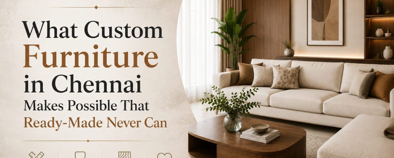 Custom furniture in Chennai designed to fit a modern home with bespoke sofa, dining table, and storage solutions.