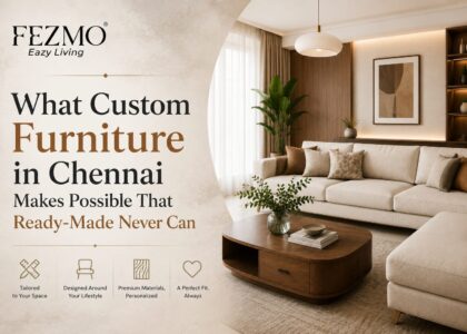 Custom furniture in Chennai designed to fit a modern home with bespoke sofa, dining table, and storage solutions.