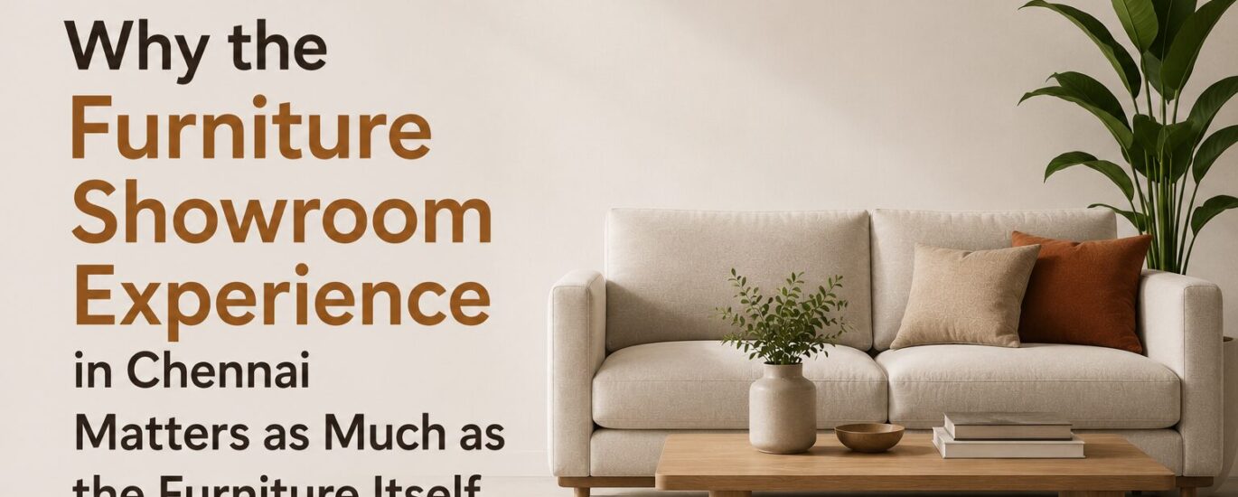 Furniture showroom experience in Chennai with premium furniture displays, knowledgeable staff, and customers exploring modern home furniture.