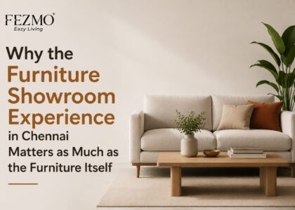 Furniture showroom experience in Chennai with premium furniture displays, knowledgeable staff, and customers exploring modern home furniture.