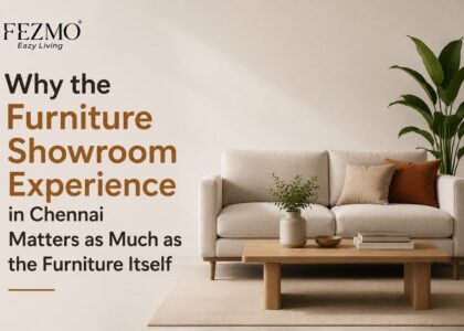 Furniture showroom experience in Chennai with premium furniture displays, knowledgeable staff, and customers exploring modern home furniture.